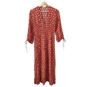 Sandro Roche‎ Abstract Print Vneck Smock Waist Midi Dress Orange FR 34 US 2 XS